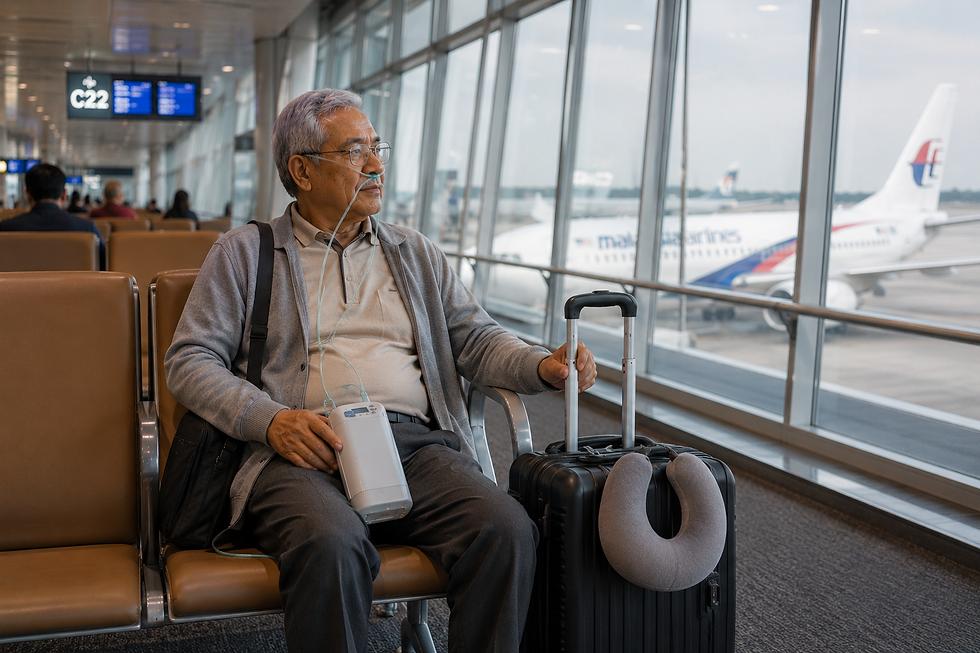guy sitting at airport with portable oxygen