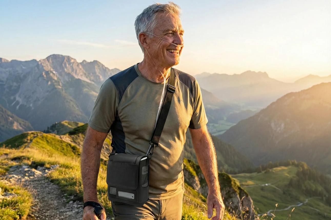 man with portable oxygen on a hike